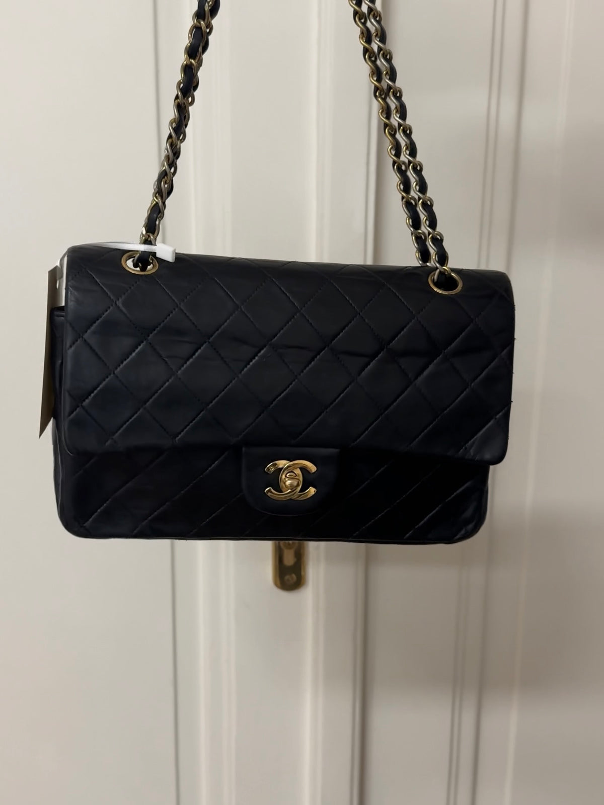 CHANEL CLASSIC DOUBLE FLAP BAG MEDIUM BLACK 24K GOLD HW