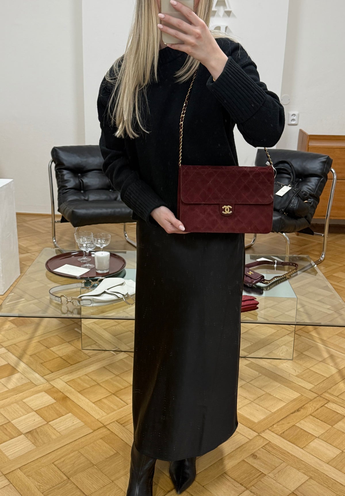 CHANEL CLASSIC SUEDE BURGUNDY SINGLE FLAP BAG