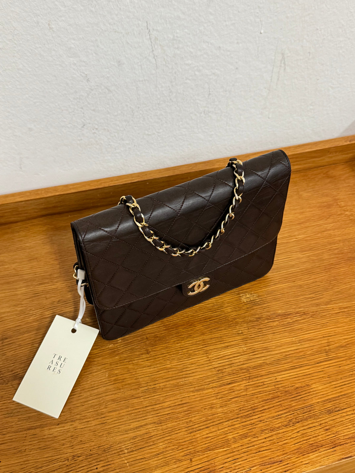 CHANEL CLASSIC SINGLE FLAP BAG BROWN 24k GOLD HW