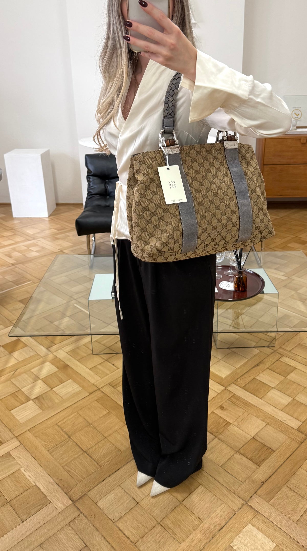 Gucci GG Canvas Bamboo Libeccio Tote Bag Grey