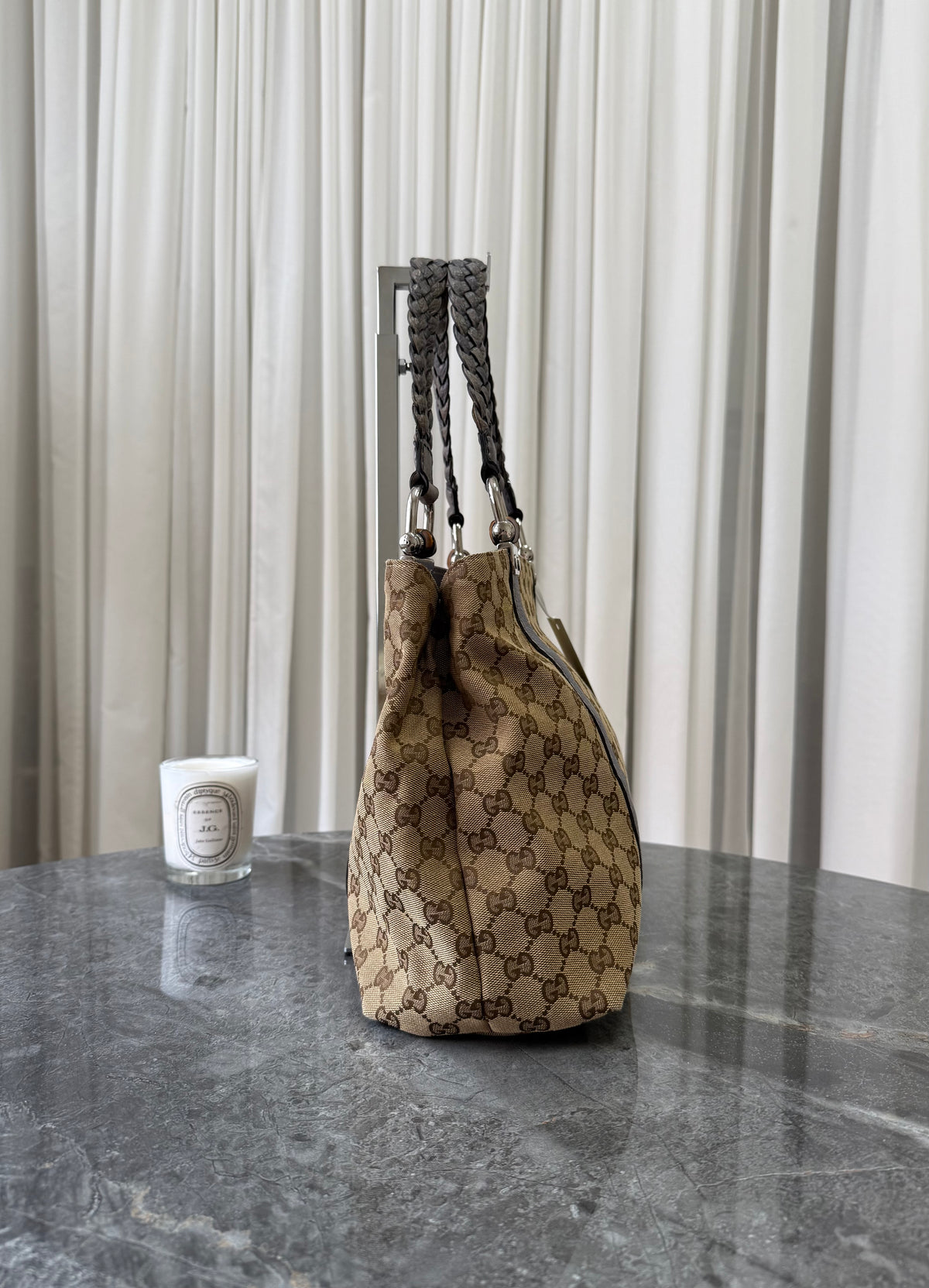 Gucci GG Canvas Bamboo Libeccio Tote Bag Grey