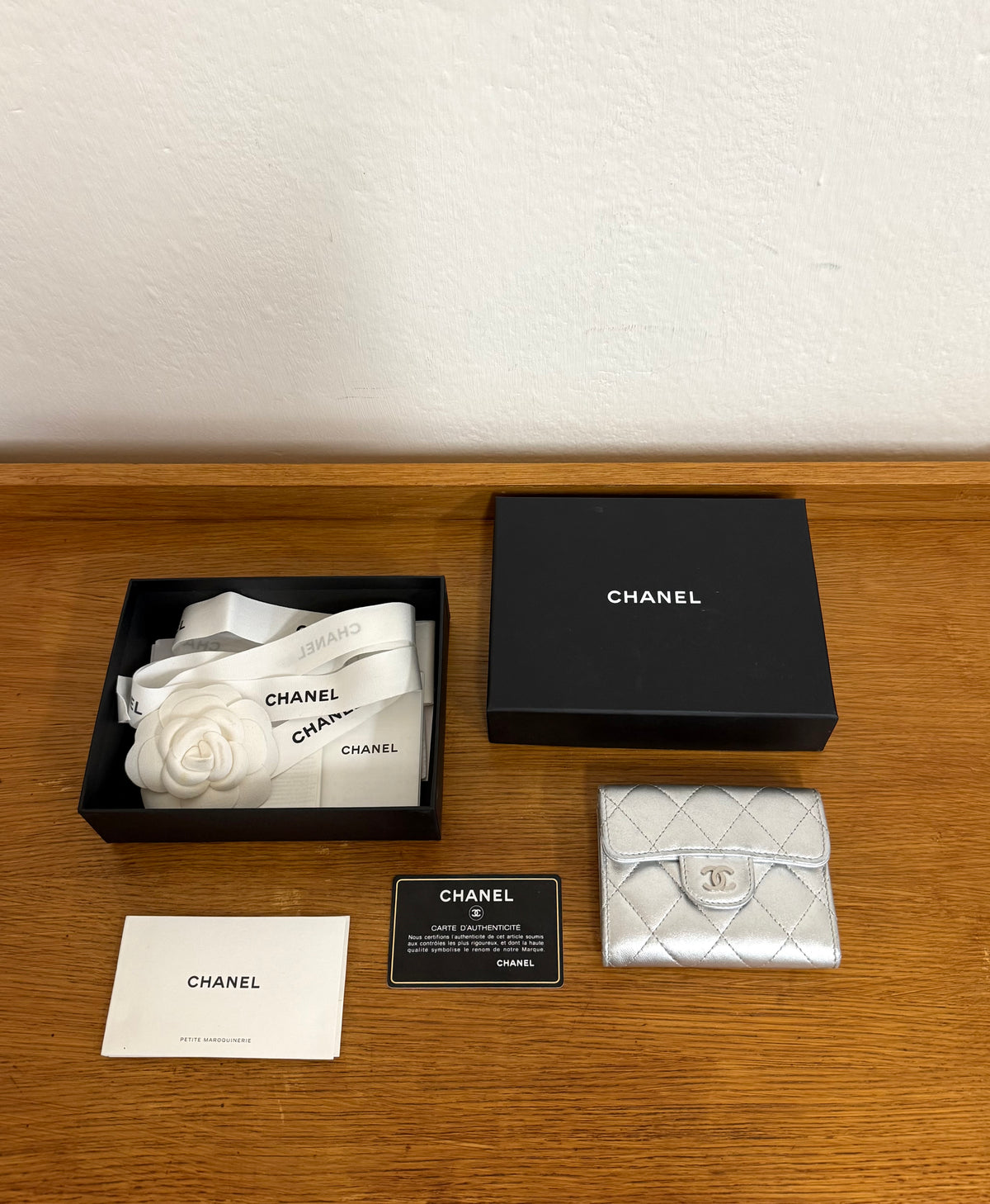SERIES 22 CHANEL METALLIC SILVER QUILTED WALLET