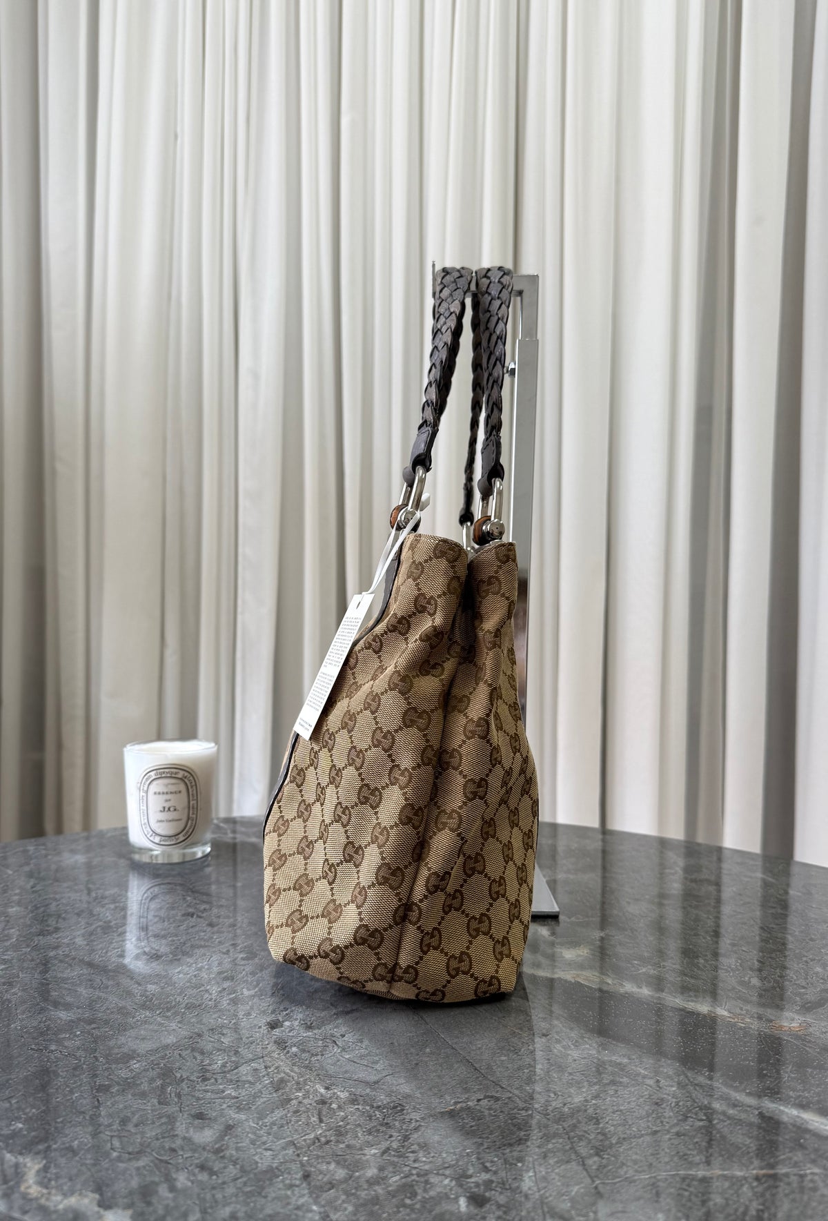 Gucci GG Canvas Bamboo Libeccio Tote Bag Grey