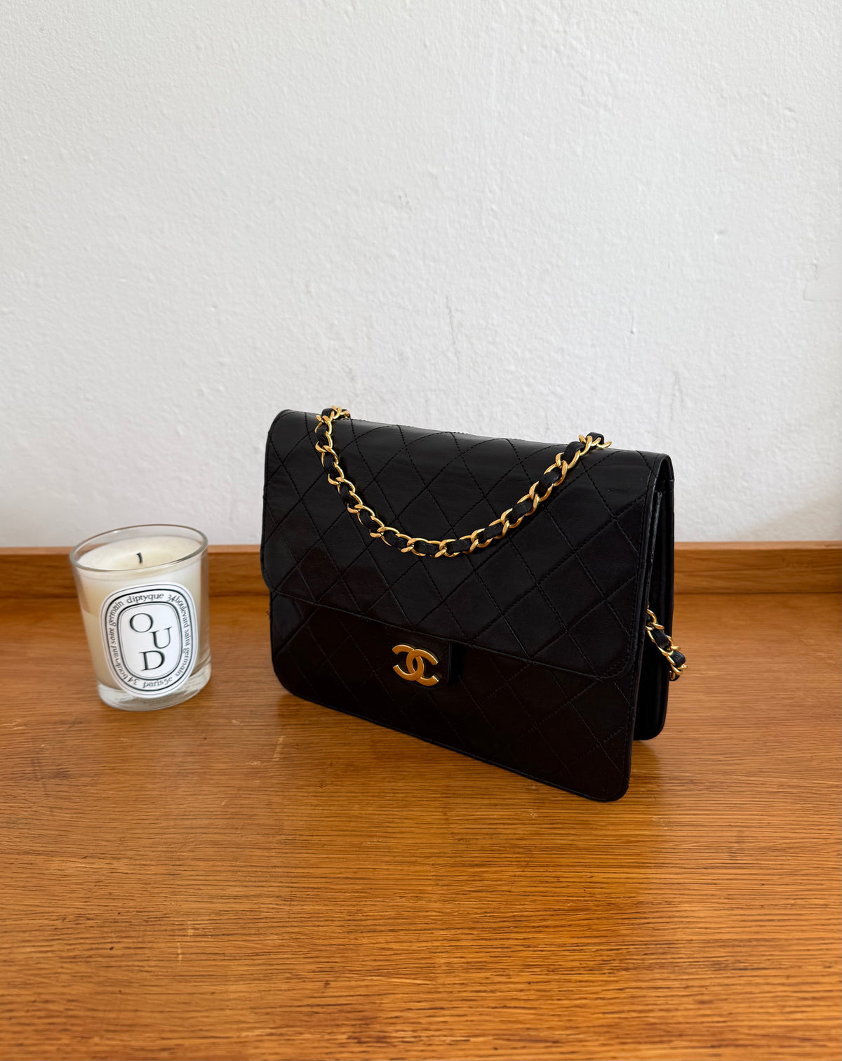 CHANEL CLASSIC SINGLE FLAP BAG LAMBSKIN BLACK 24K GOLD HW