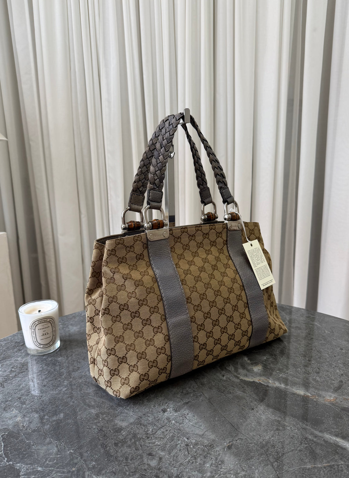 Gucci GG Canvas Bamboo Libeccio Tote Bag Grey