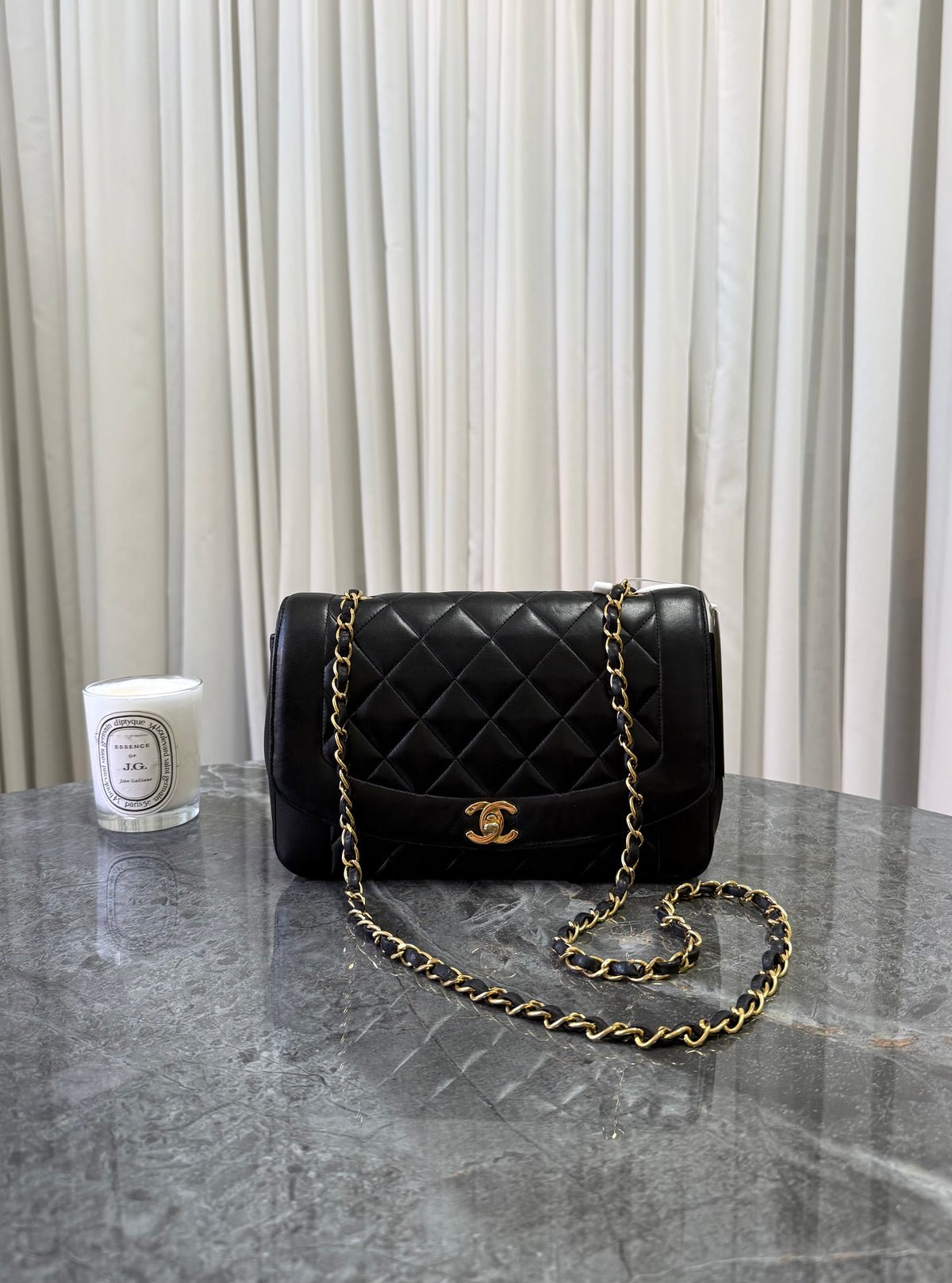 Chanel Diana Medium Quilted Flap Bag Black Gold HW