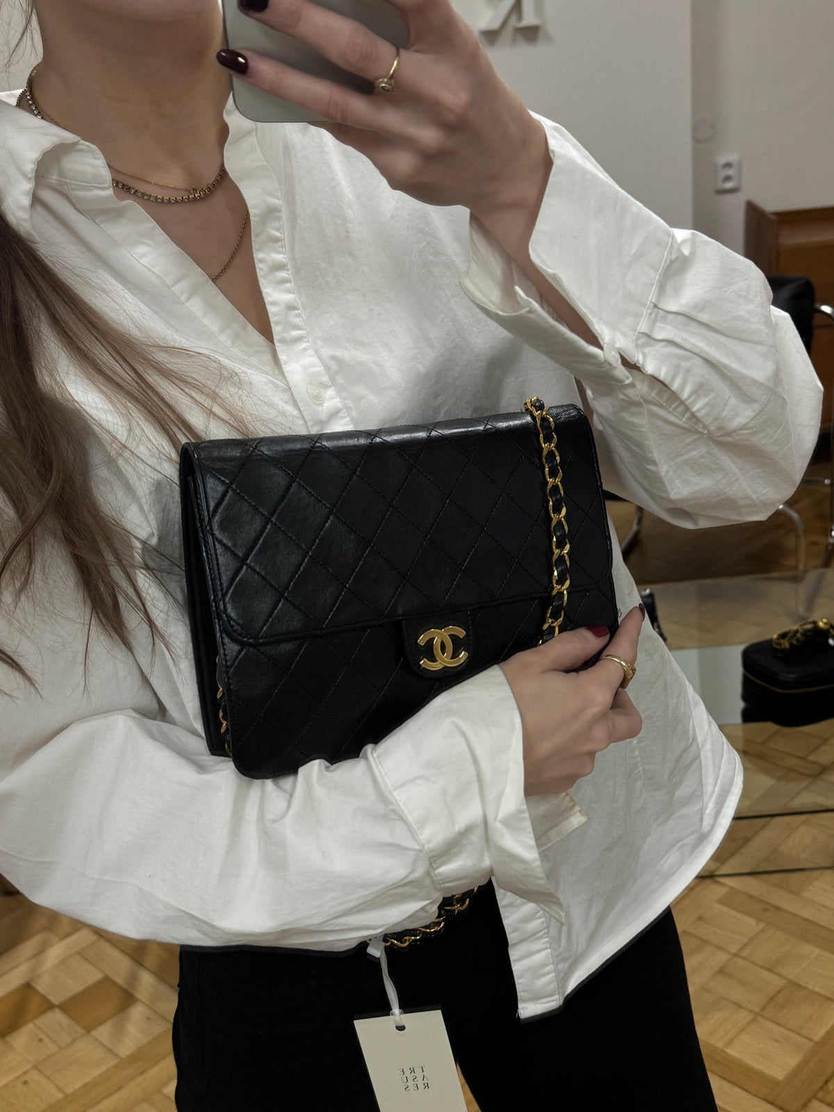 CHANEL CLASSIC SINGLE FLAP BAG LAMBSKIN BLACK 24K GOLD HW