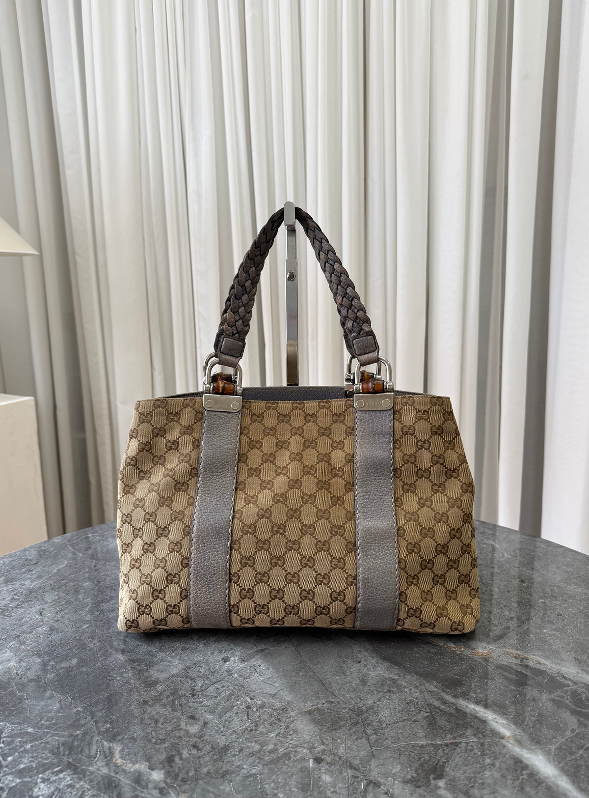 Gucci GG Canvas Bamboo Libeccio Tote Bag Grey