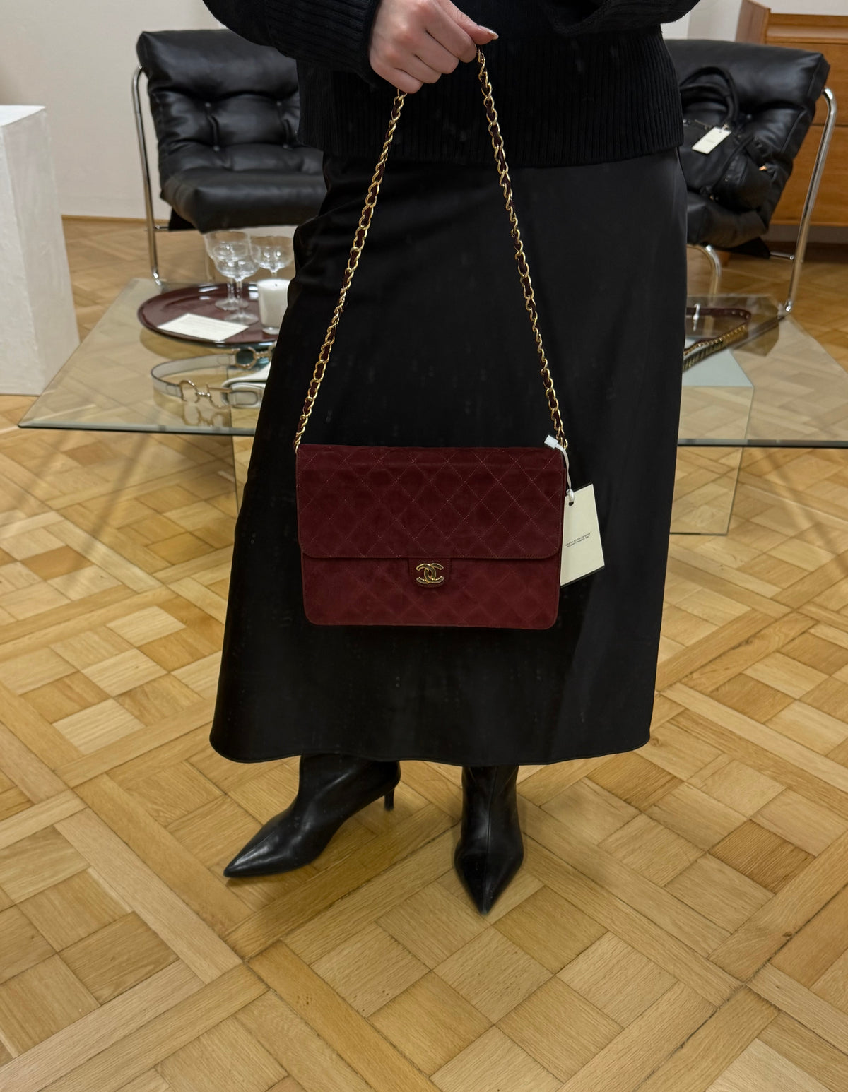 CHANEL CLASSIC SUEDE BURGUNDY SINGLE FLAP BAG
