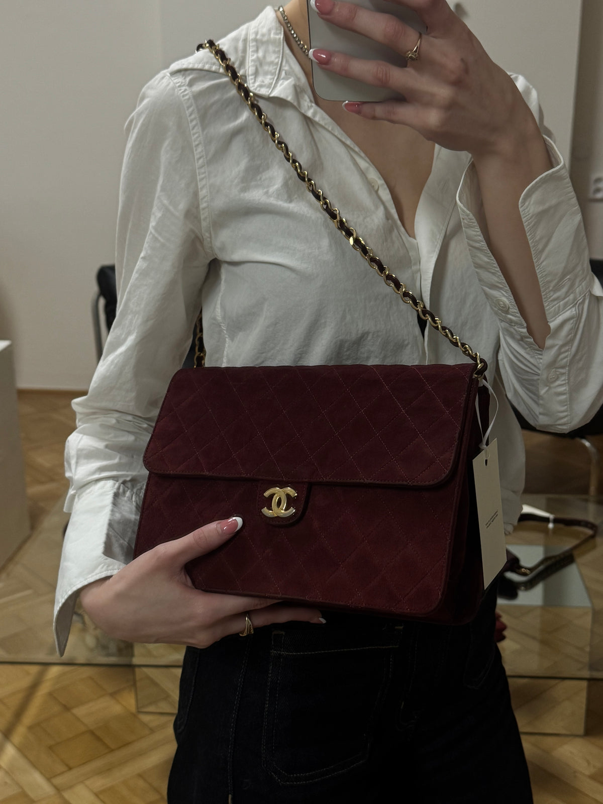 CHANEL CLASSIC SUEDE BURGUNDY SINGLE FLAP BAG