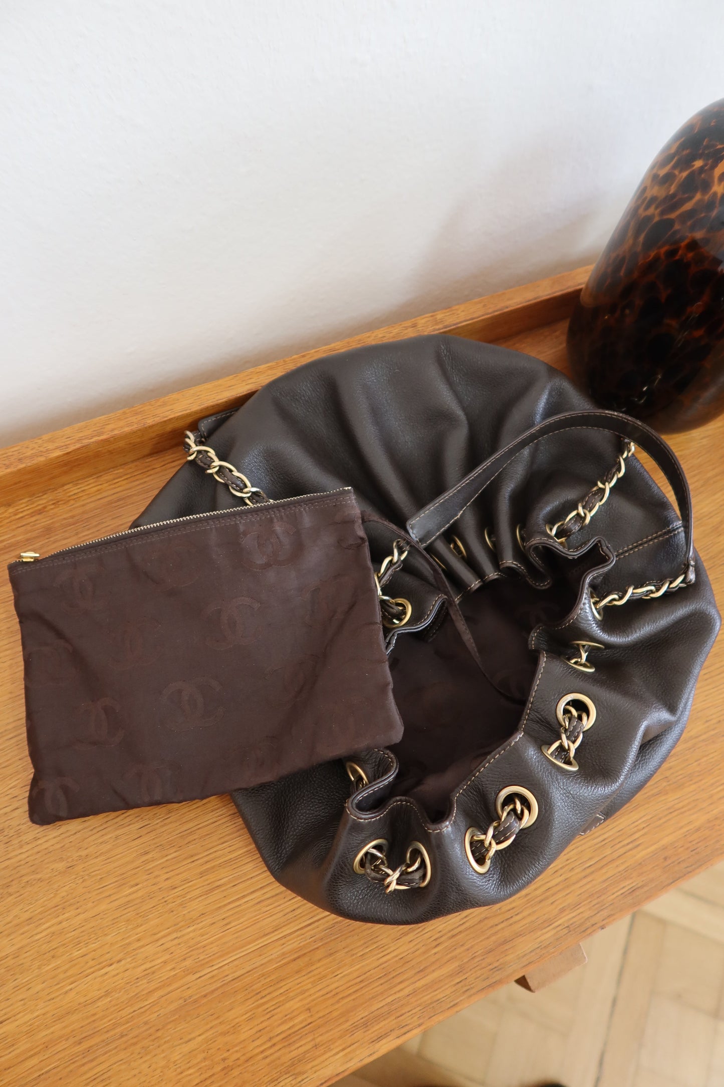 CHANEL DARK BROWN BUCKET BAG & POUCH
