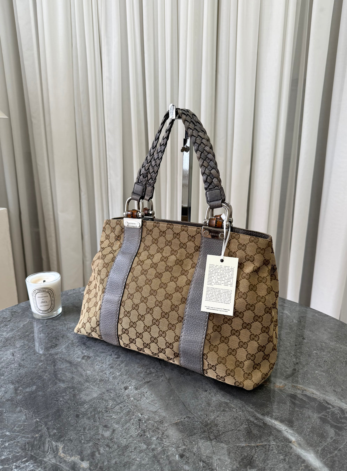 Gucci GG Canvas Bamboo Libeccio Tote Bag Grey
